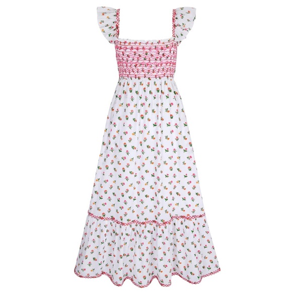 Pink City Prints Hand Smocked Sun Dress Pink Floral Flutter Sleeves Small S - Picture 2 of 7